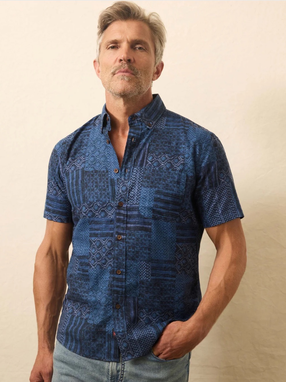 Faherty Short-Sleeve Breeze Shirt - Habor Blues Patchwork